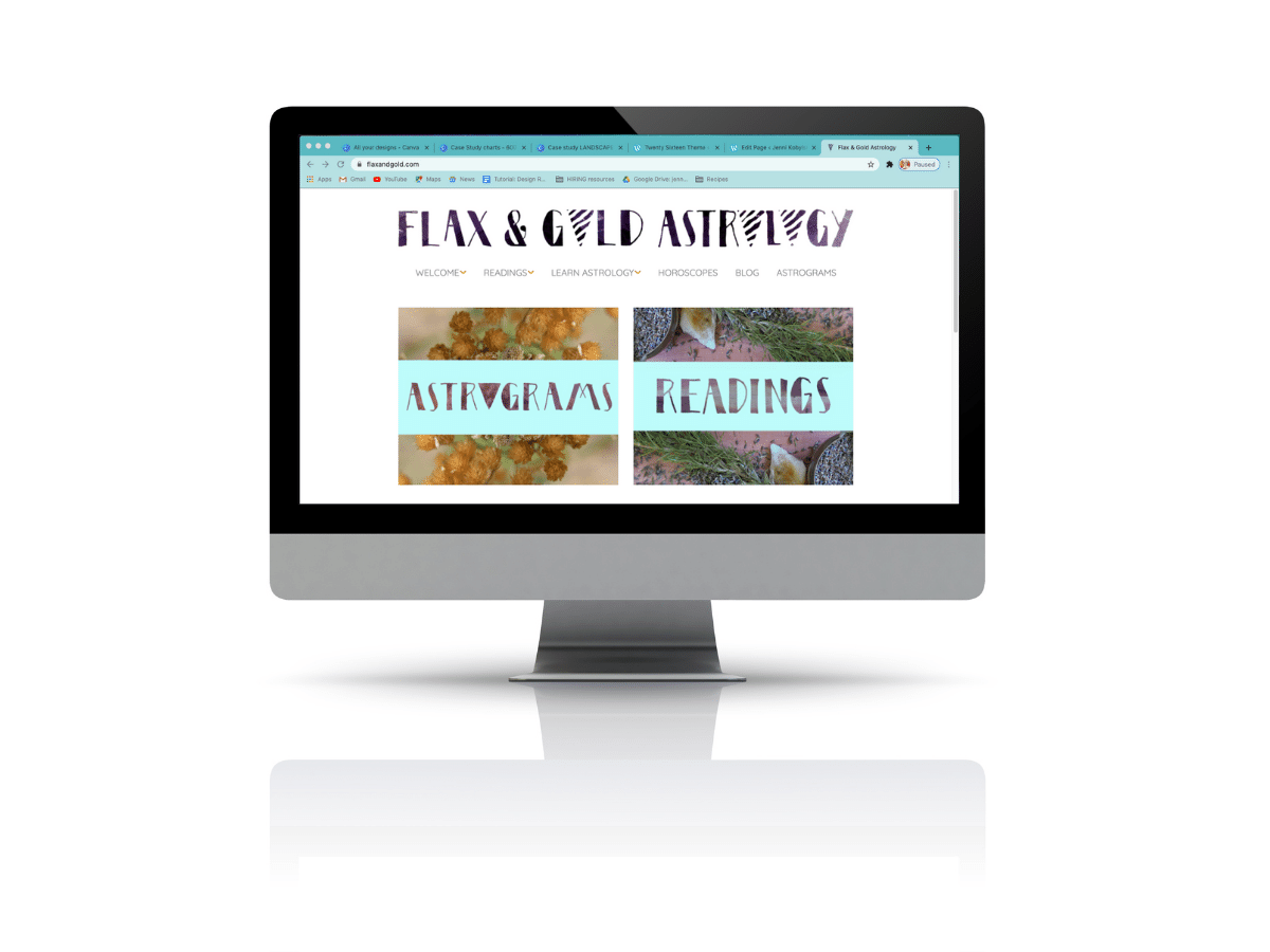 Mock up of Flax and Gold Astrology's homepage on a large desktop monitor