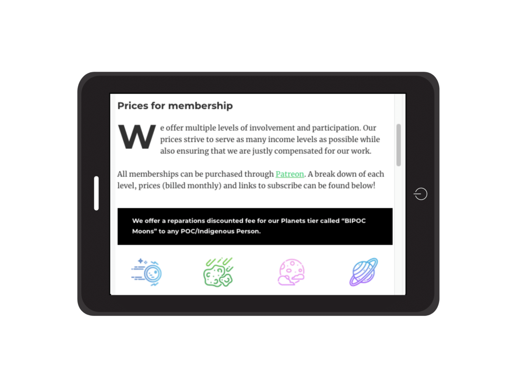 A mockup of the Starsdance Website Pricing page as seen on a tablet