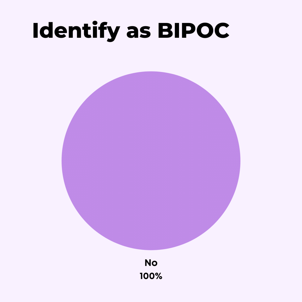 Target Market demographic data visualization 2: Identify as BIPOC. 100% No