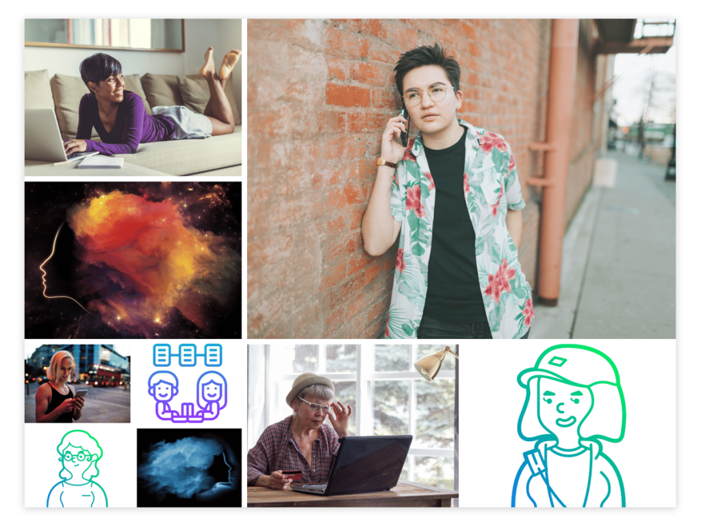 Grid of stock images that show black, non binary and older people  positioned with an assortment of playful rainbow gradient icons