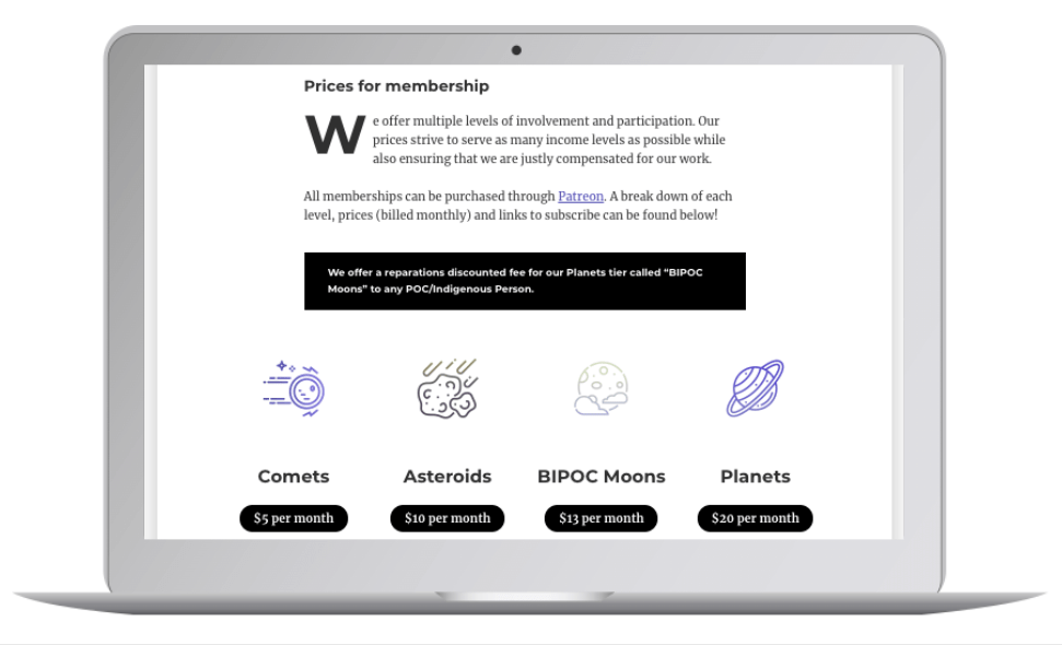 Mock up of Starsdance website's pricing page on a laptop screen displayed, filtered to show what it looks like to people with Deuteranopia