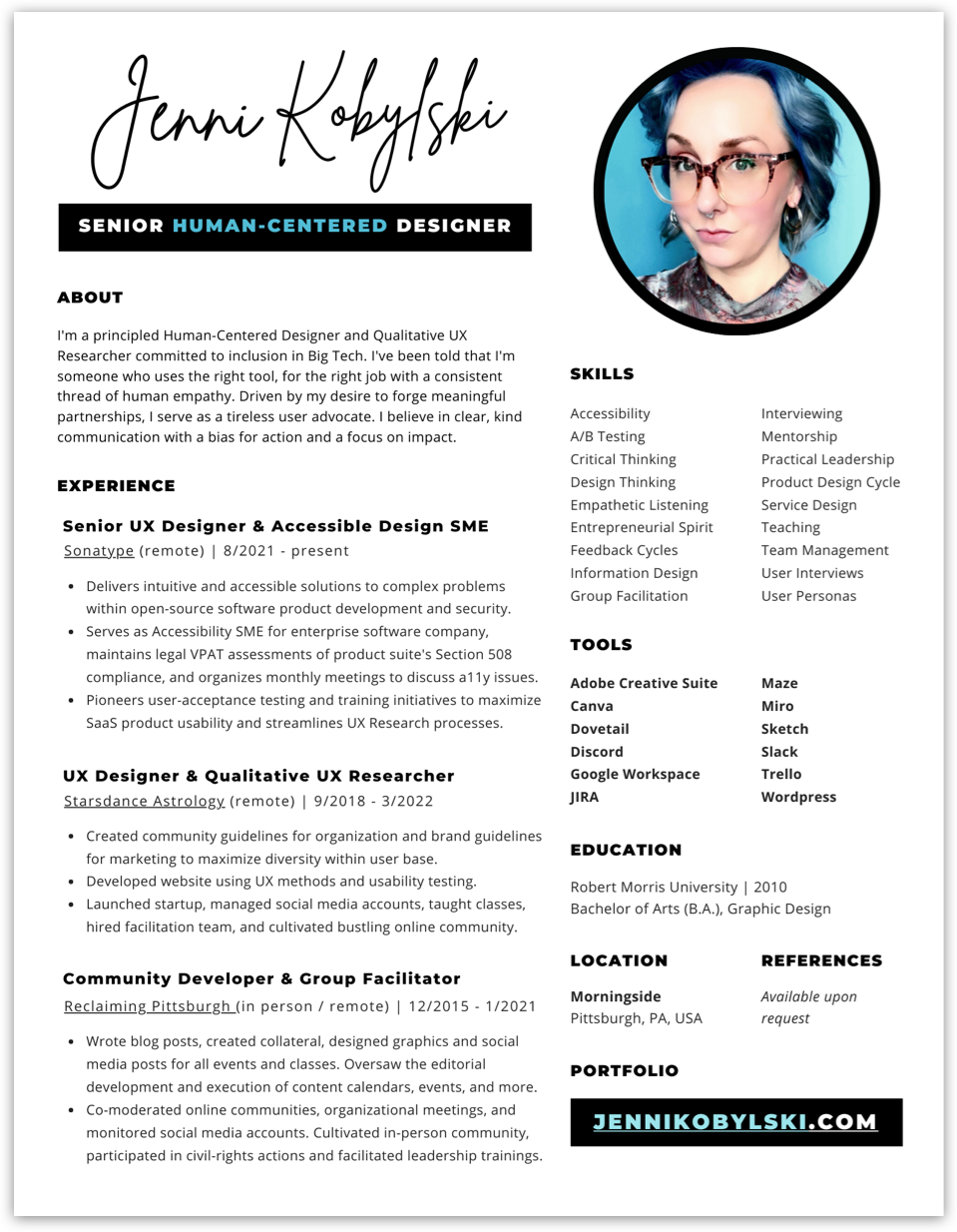 Image: page one of Jenni's resume