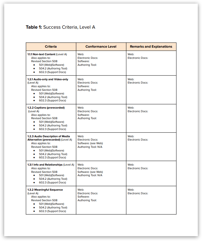 Screenshot of VPAT template, page 2