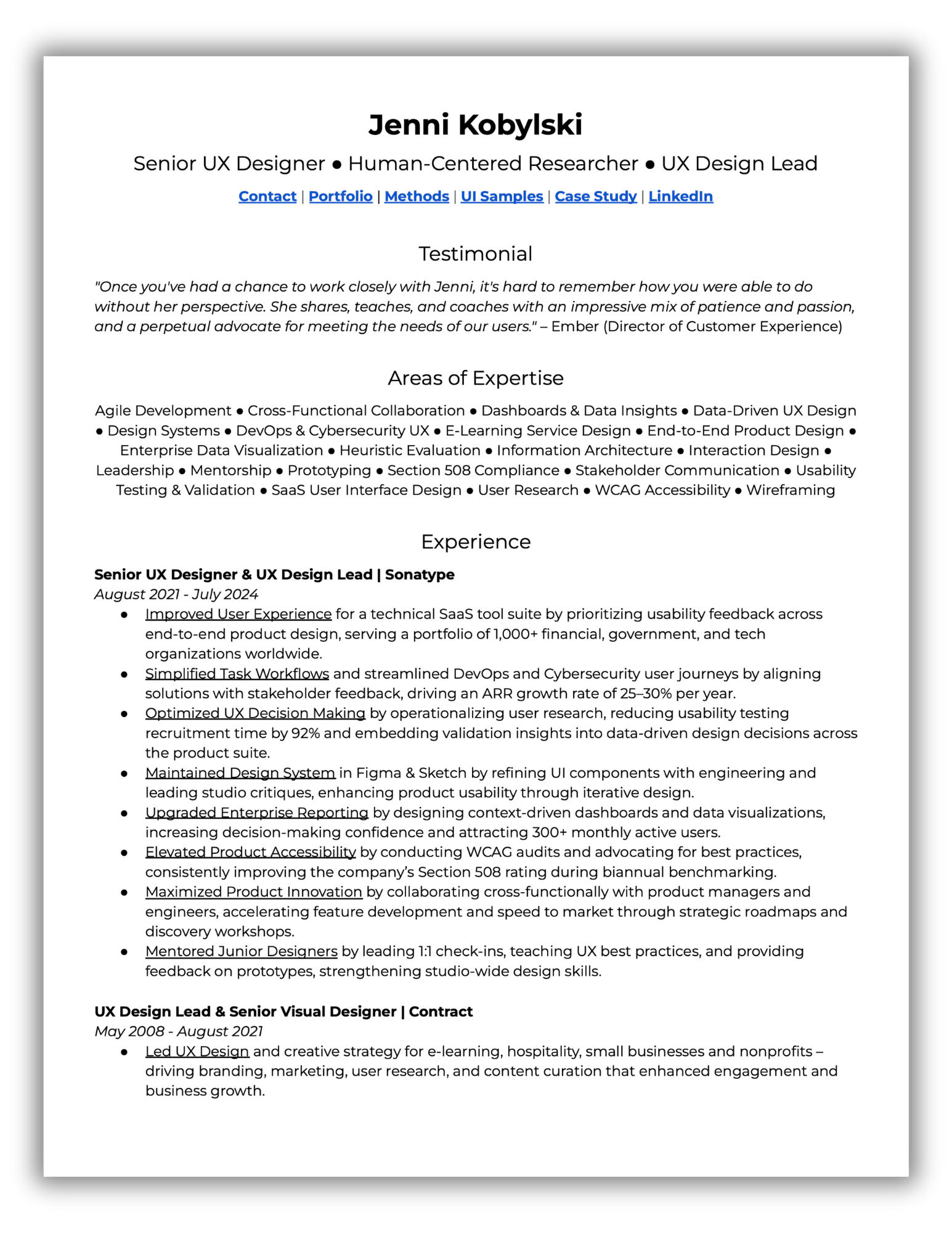 Preview of Jenni's Senior UX Designer & Design Lead PUBLIC Resume - P1